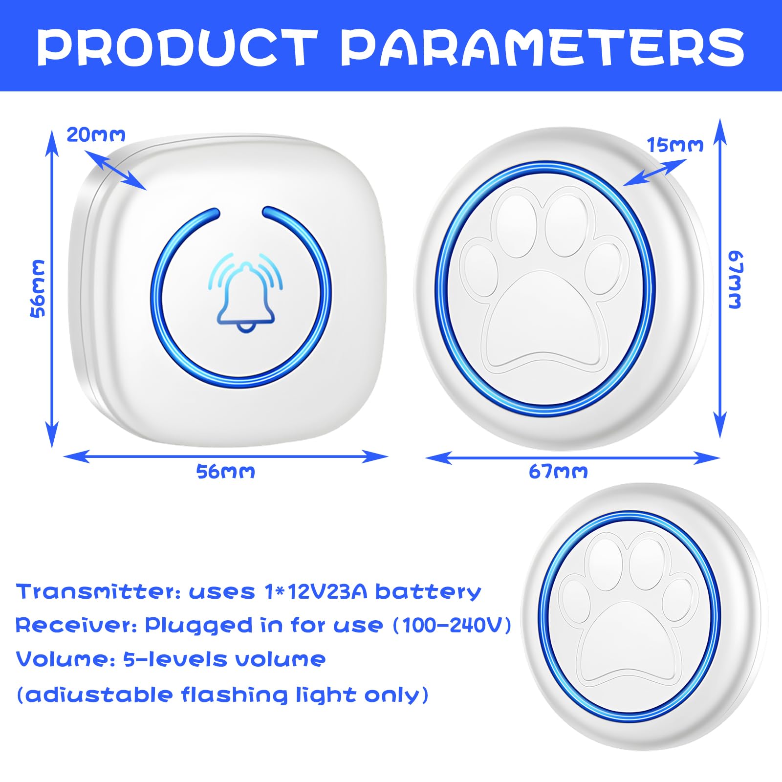 Timbre de entrenamiento inalámbrico, 1 receptor, 2 transmisores, blanco, rango inalámbrico, timbre electrónico impermeable con receptor enchufable, timbre de perro, 60 tonos de llamada, enchufe de la