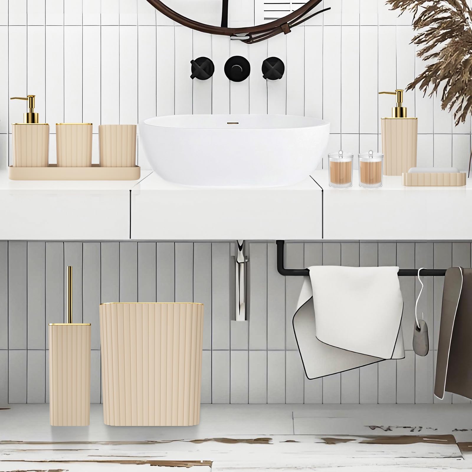 XLHOMO Badezimmer-Zubehör-Set – wunderschönes Badezimmer-Set, 10-teilig, beige, Badezimmer-Zubehör-Set, WC-Bürste, Mülleimer und Seifenspender