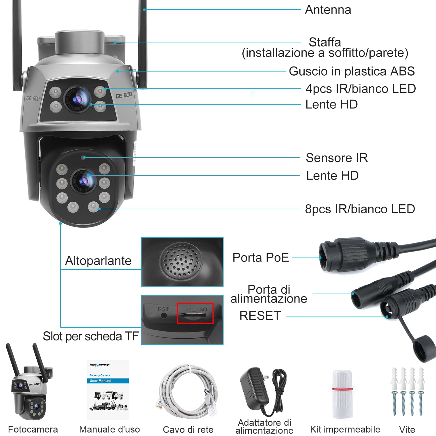 GENBOLT Telecamera Wi-Fi Esterno, Videocamera Sorveglianza a Doppia Lente | 2,4/5GHz, Rilevamento e Tracciamento di Persone, PTZ, Registrazione 24/7, Audio Bidirezionale, Visione Notturna a Colori,IP66