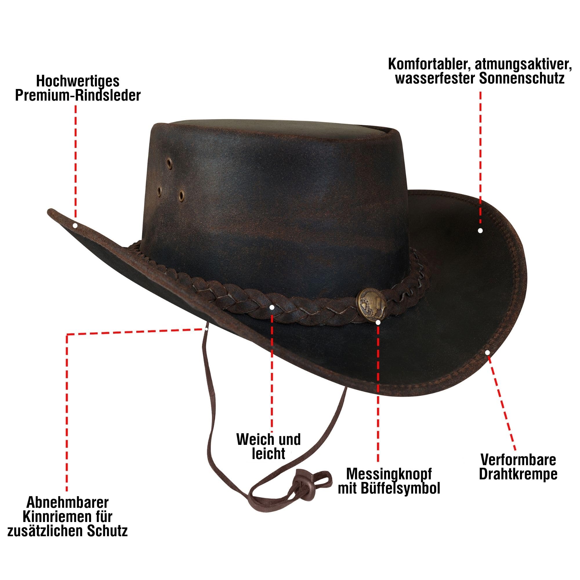URBAN 5884 Cowboyhut aus echtem Leder, Western-Hut aus Rindsleder mit Verstellbarer Krempe und Kinnriemen