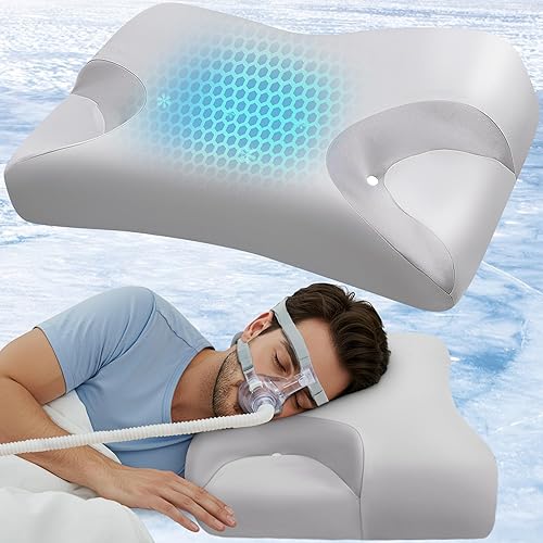 IKSTAR Cooling CPAP Pillow for Side Sleepers - Sleep Apnea Pillow for CPAP User - Reduce Air Leak/Hose Tangle/Mask Pressure - Memory Foam Neck