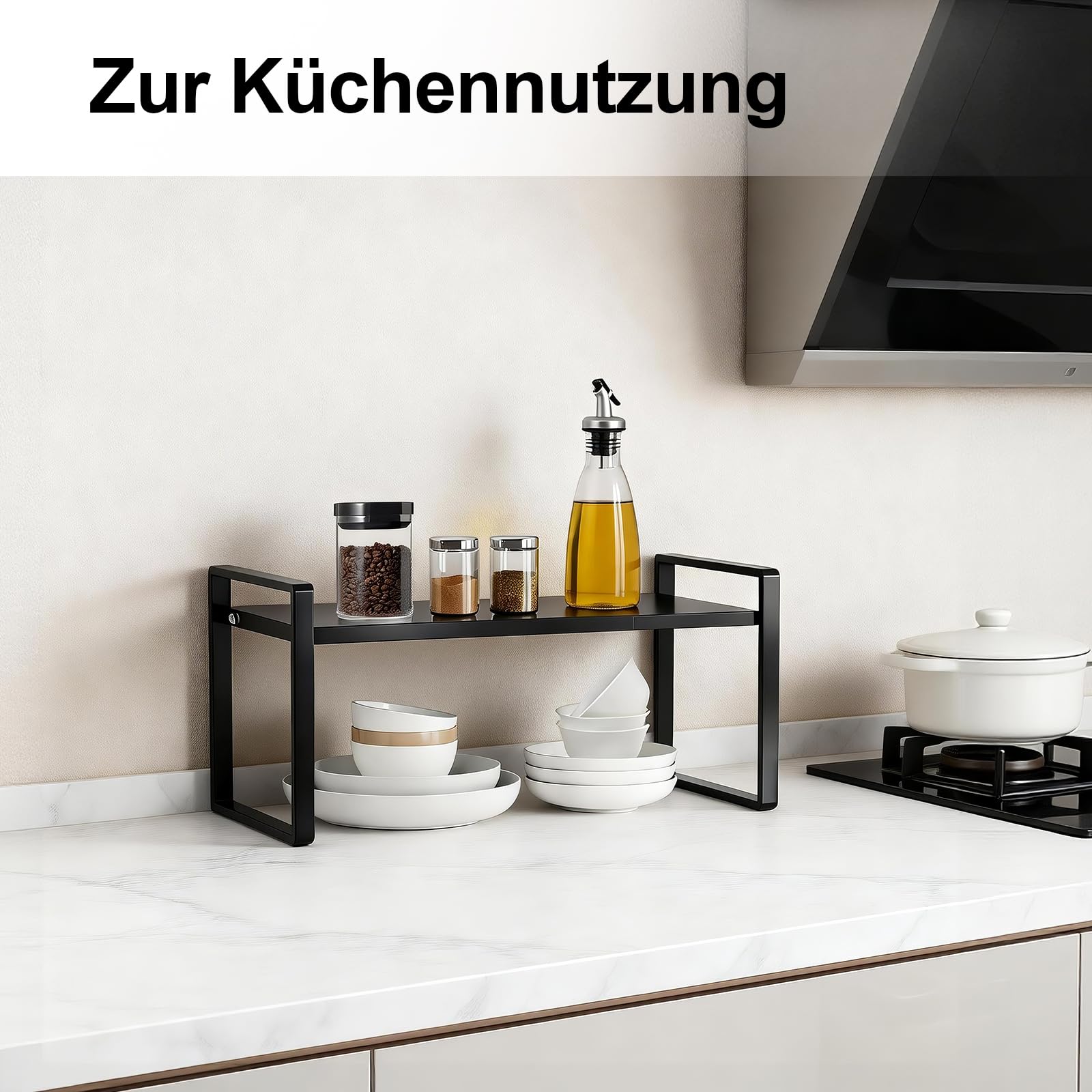 Küchenregal Arbeitsplatte Organizer,Schrankregal Ausziehbares 32-53cm, Organizer für die Arbeitsplatte，Regaleinsatz für Küchenschrank mit 3 Höhen,Schwarz
