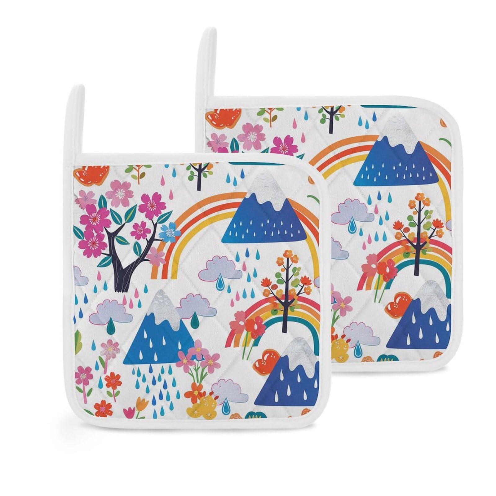 Pot Holders Set of 2 Kitchen Heat Resistant Potholders Clouds and Raindrops Cotton Lining Oven Hot Pads for Cooking Baking BBQ Microwave Kitchen Accessories