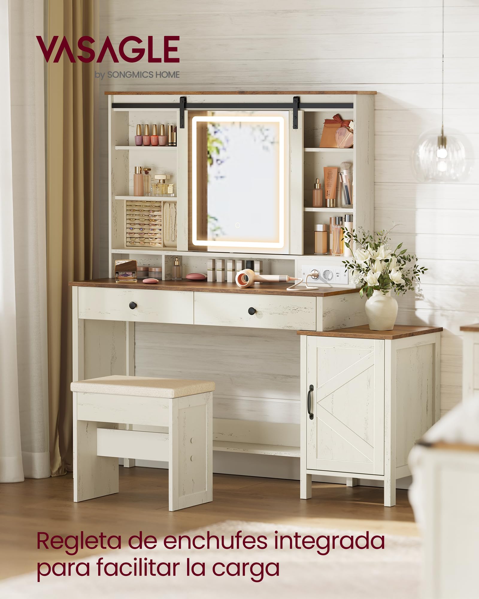 VASAGLE LIRY Colección - Tocador con Espejo y Luz, Mesa de Maquillaje de Granja con Taburete, Estación de Carga, 2 Cajones, Organizador Joyas, Blanco Rústico y Marrón Miel RDT136W01