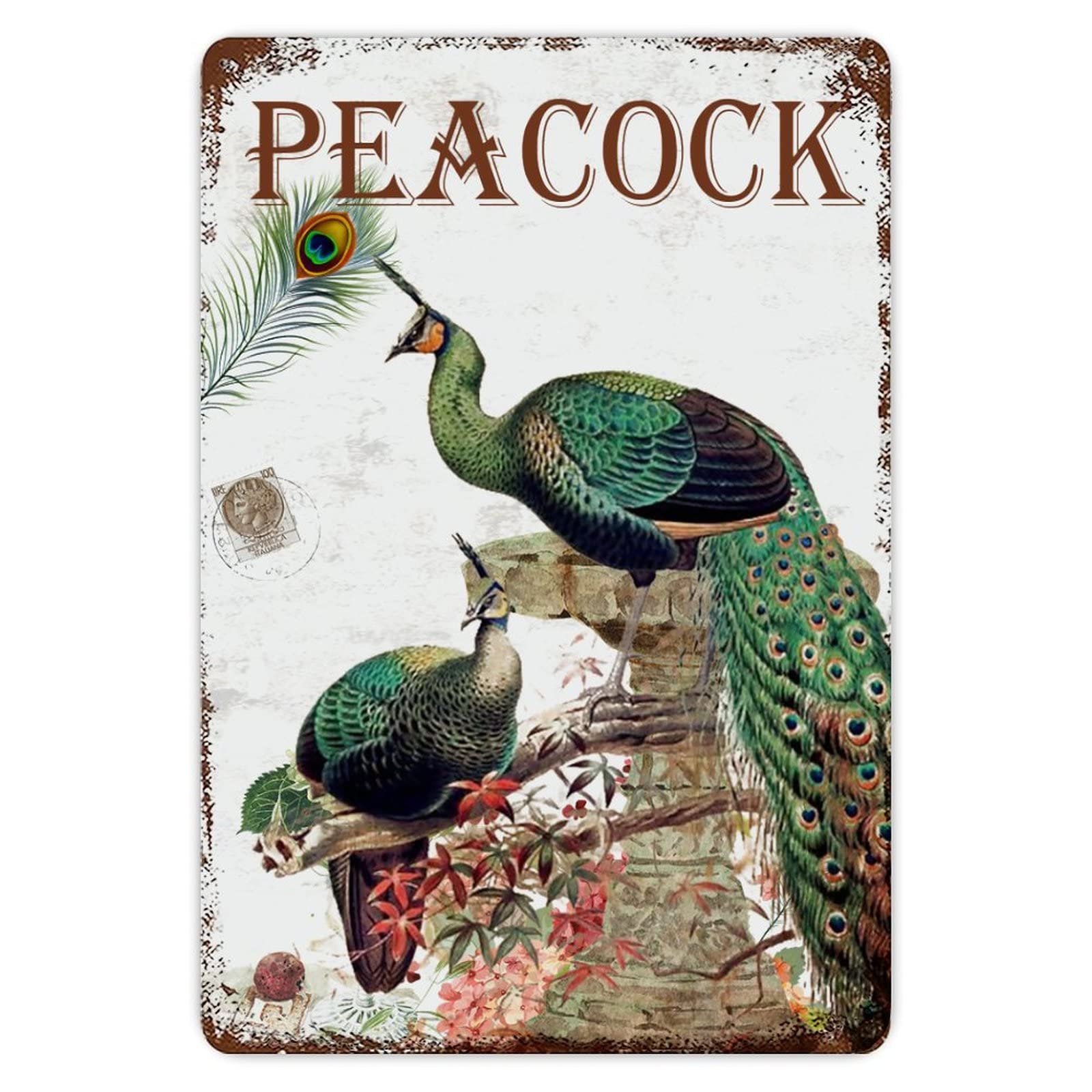 ENEDNATE Retro Peacock Flowers Aluminum Sign 8x12 inch Vintage Metal Tin Sign Home Decor for Club Bar Garden Kitchen Restaurant