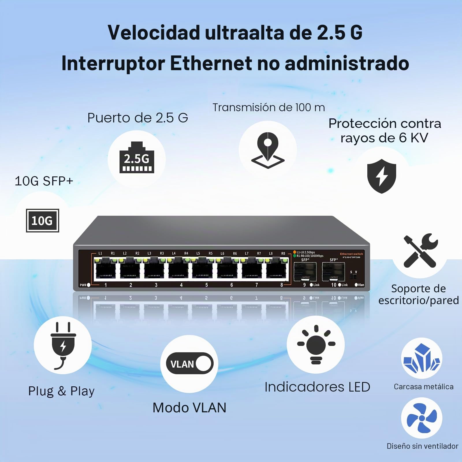 Interruptor Ethernet no administrado de 10 Puertos 2.5G, 8 Puertos Base-T de 2.5G, 2 SFP de 10G, para 100/1000/2500Mbps, VLAN, Interruptor de Red 2.5G sin Ventilador, diseño de Montaje en Pared para