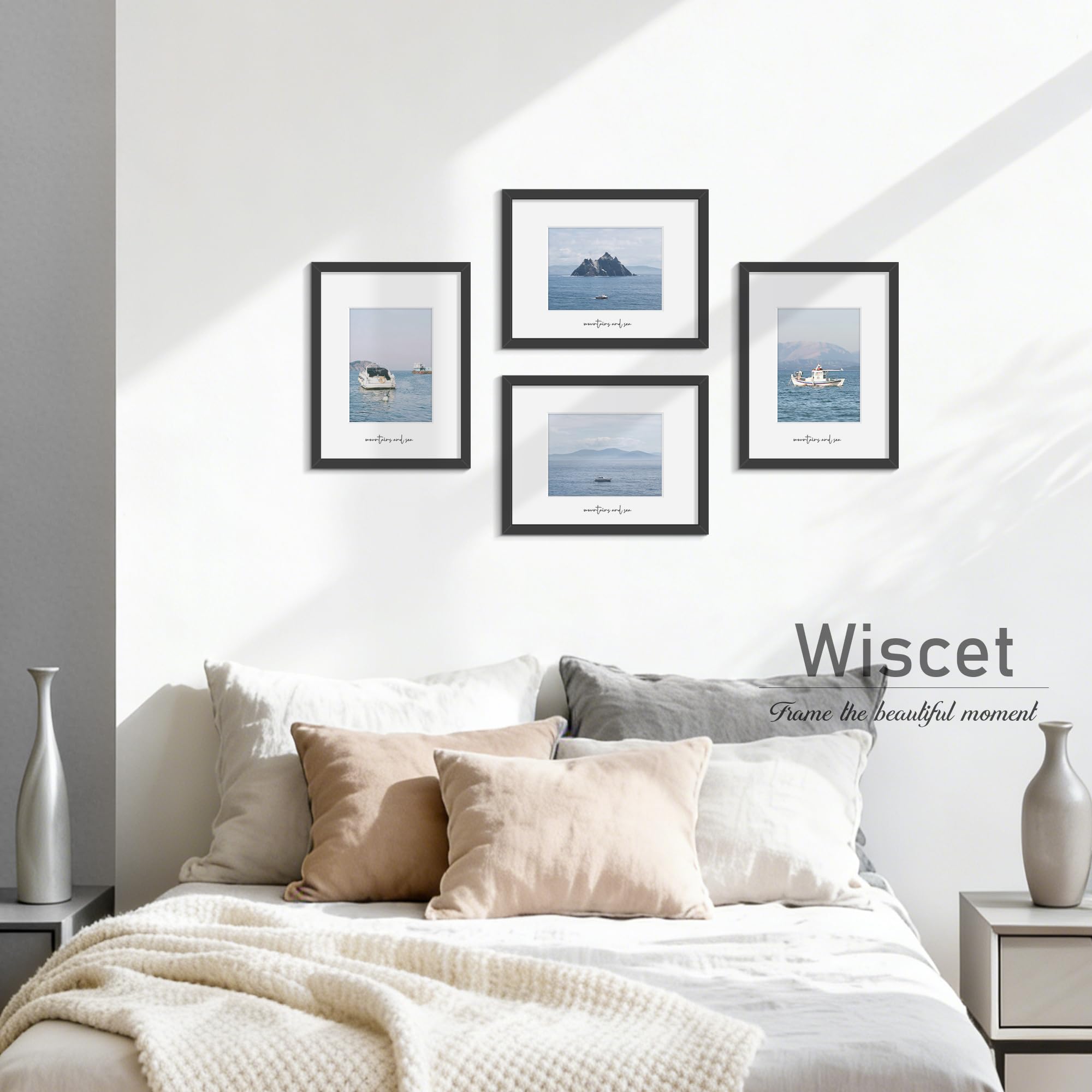 Wiscet Zestaw 4 ramek na zdjęcia 9 x 12, wyświetlacz 15 x 20 cm z matą lub ramka plakatowa 9 x 12 bez maty, poziomy lub pionowy montaż na ścianie, czarne