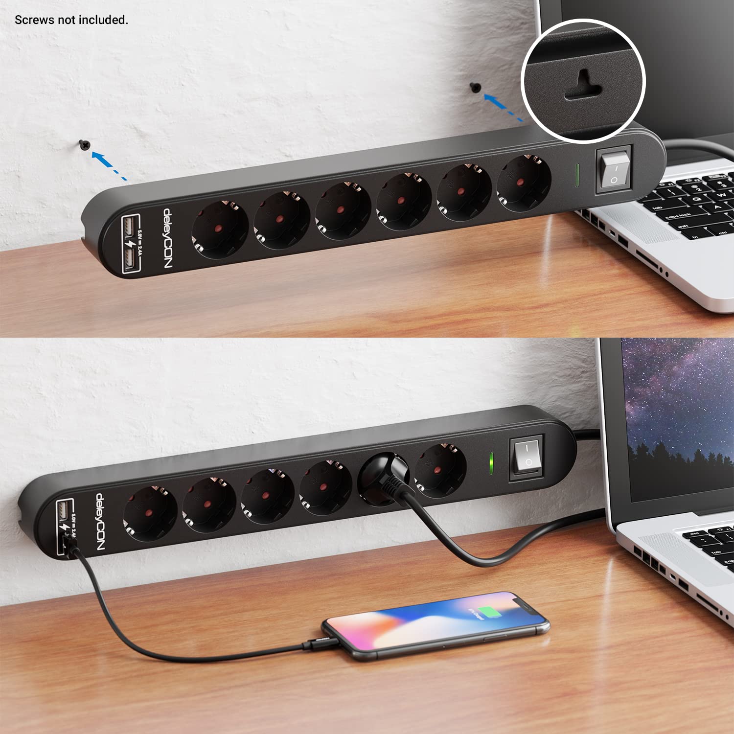 Marca: deleyCON deleyCON Regleta con 1,5 m, Seis Tomas, Puertos USB, Dos Salidas USB-A para Cargar Móvil y Tableta, Protección contra Sobretensión, Interruptor, Negro in use