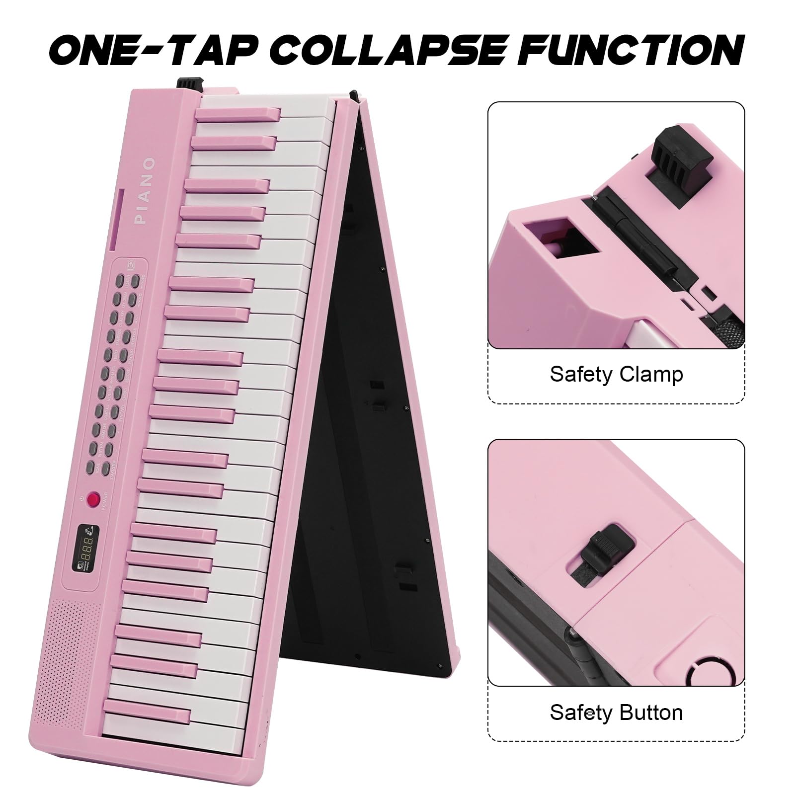 Tastiera per pianoforte a 88 tasti, pieghevole, portatile, con tasti illuminati, pedale professionale, Bluetooth, cuffie, MIDI, 200 suoni, 80 canzoni demo, modalità lezione per principianti, rosa