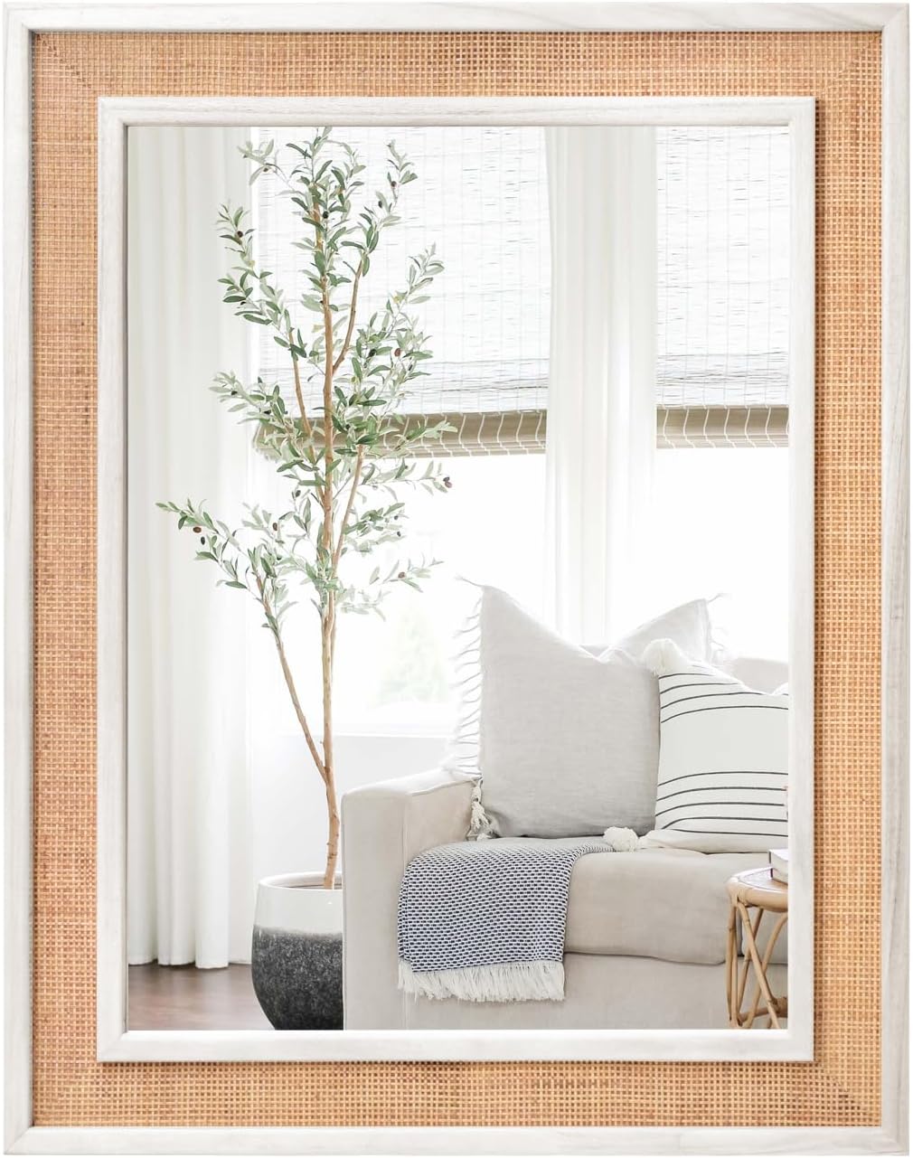 Rattan Wall Mounted Mirror 24"x32" Wood Framed Farmhouse Hanging Bathroom Mirror Decorative Rectangle Wall Mirror Leaning Against for Bedroom Living Room White