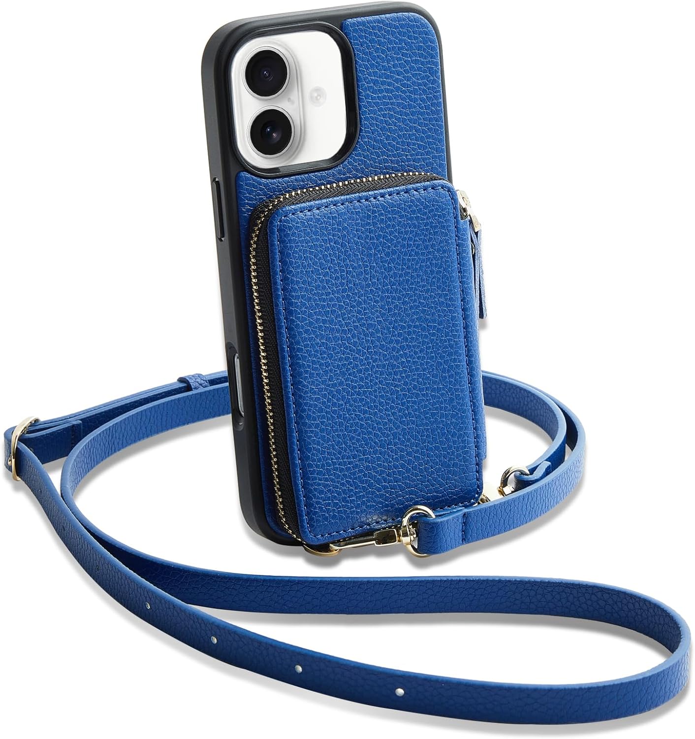 ZVE for iPhone 16 Wallet Case, Leather Zipper Wallet Case Protective Handbag Flip Phone Cover with Crossbody Wrist Strap for iPhone 16 6.1" Navy Blue