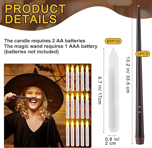 Miniatura 2 de Retisee 60 velas flotantes de Halloween con varita de 6.7 pulgadas, velas flotantes LED sin llama, velas mágicas con 2 varitas remotas cónicas