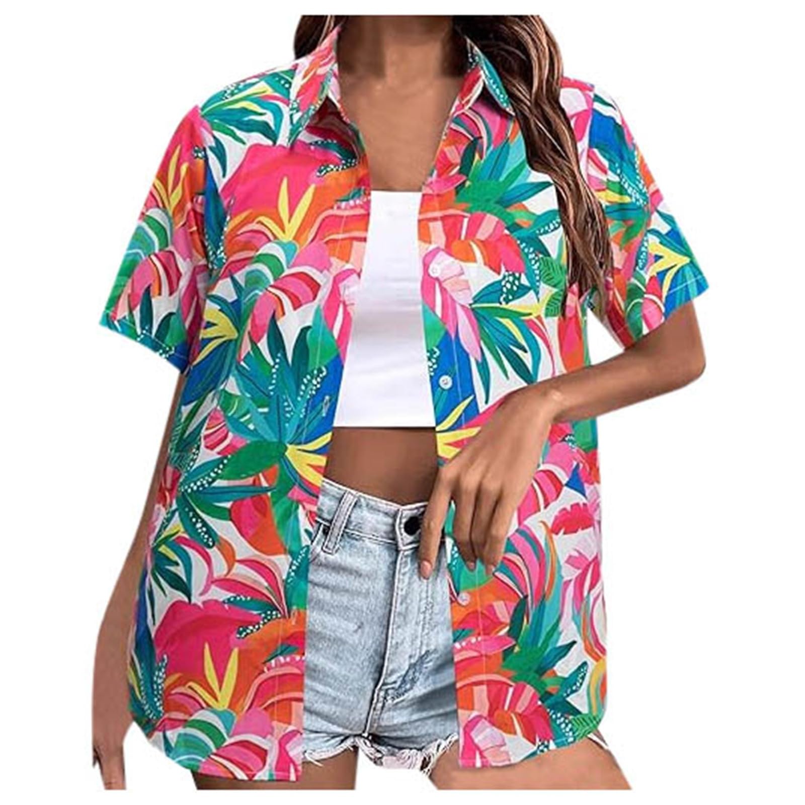 Grappige Hawaiiaanse shirts voor vrouwen button down Caribisch tropisch strandshirt korte mouw cruise vintage Hawaiiaanse palmboom casual bowling zomer Mexico cruise shirts 80S shirt revers, Groen, M