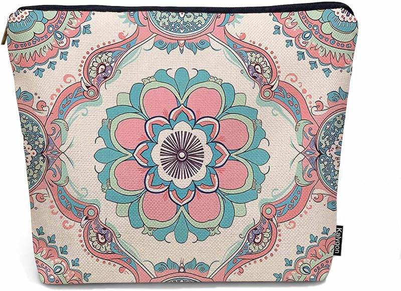 Necessaire de maquiagem Kalygon Mandala em fibra de linho com zíper, 23 x 18 cm