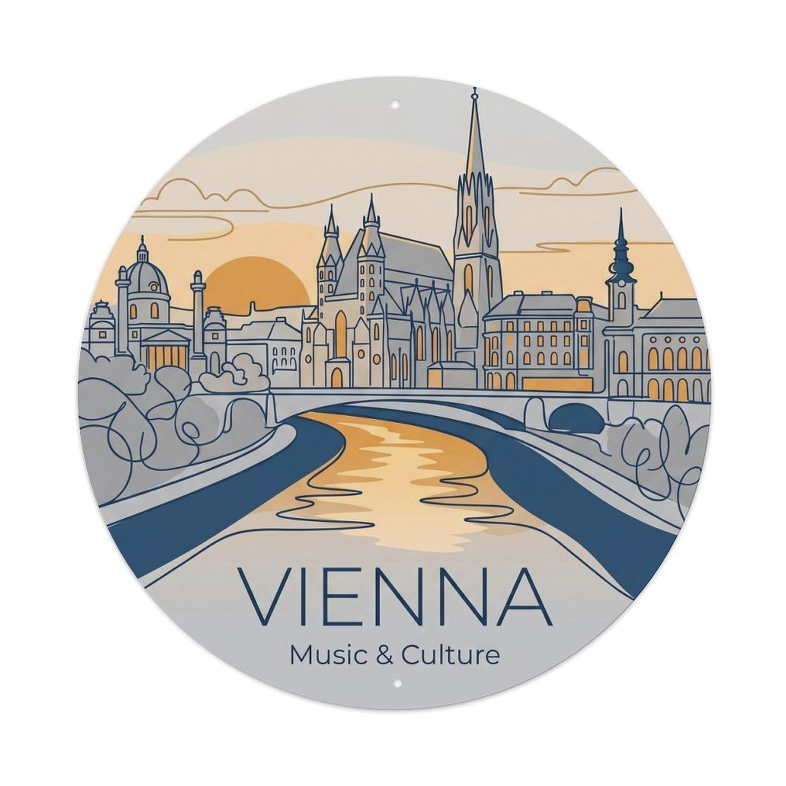 Vienna River Austria Heritage Travel Music Culture Cityscape Metal Tin Sign Plaque Wall Decor for Cafe, Man Cave, Club Bar, Office, Home Garden Round Metal Poster 8x8Inch