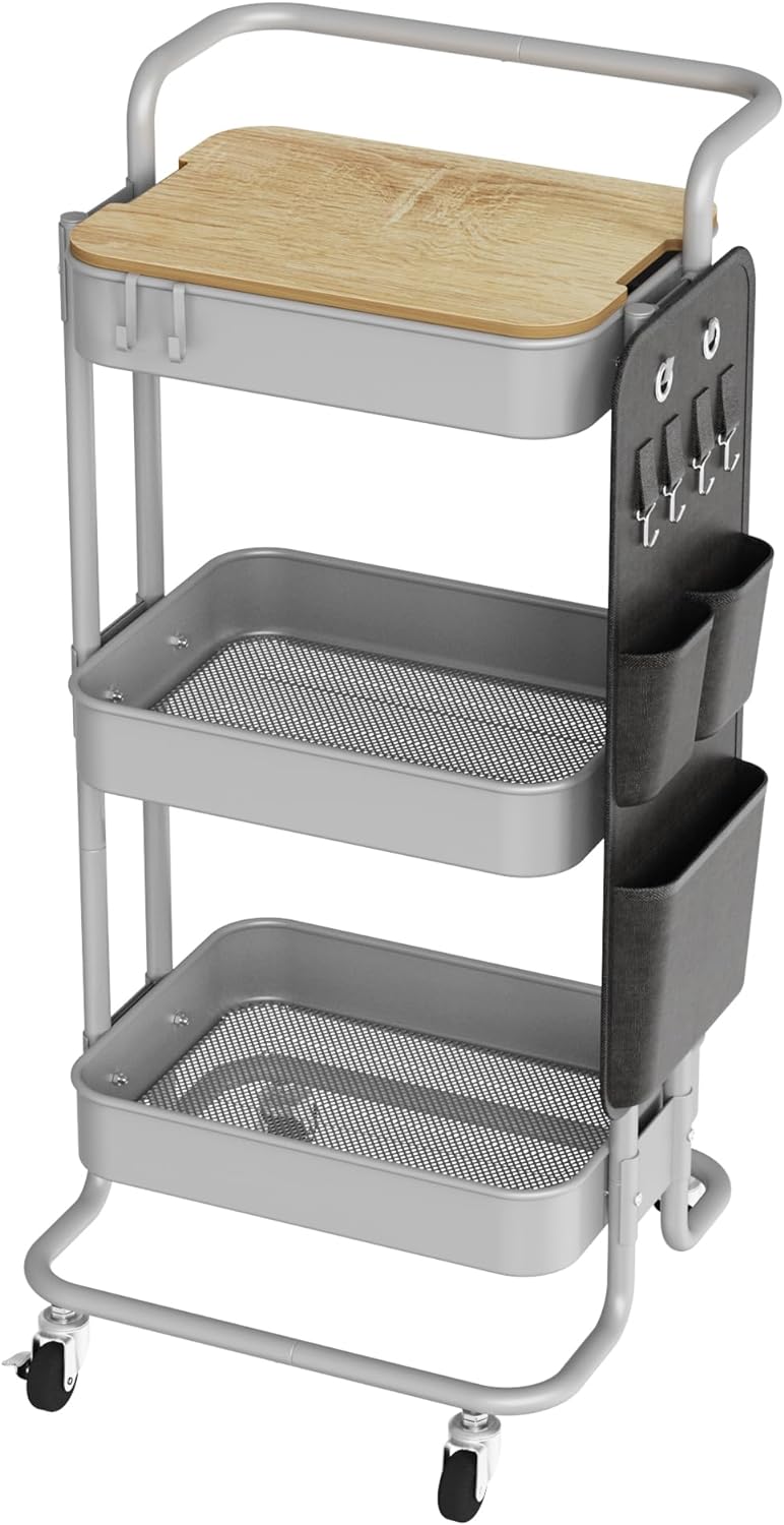 DTK 3 Tier Metal Utility Rolling Cart with Table Top and Side Bags, Tray Storage Organizer Wheels, Art Craft 4 Hooks for Kitchen Bathroom Office Living Room(Grey) DTK 3 Tier Metal Utility Rolling Cart with Table Top and Side Bags, Tray Storage Organizer Wheels, Art Craft 4 Hooks for Kitchen Bathroom Office Living Room(Grey)