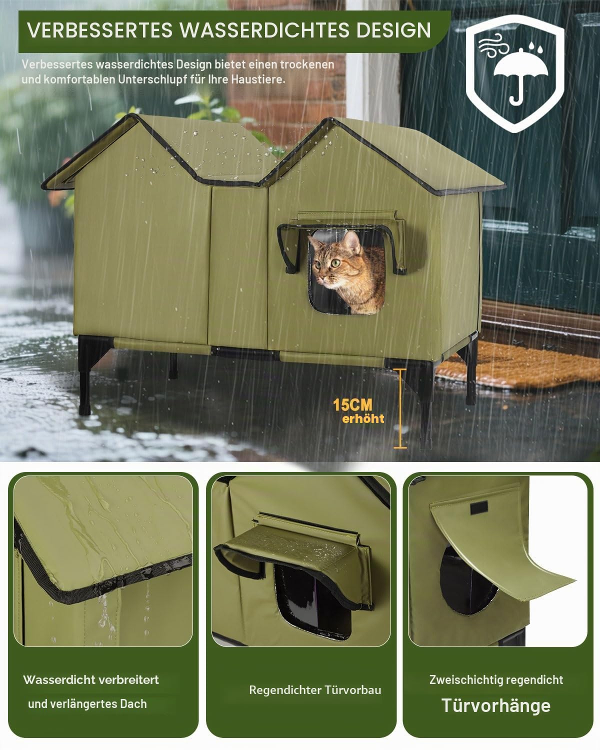 Outdoor Katzenhaus, Extra Large wasserdichtes Katzengehege mit erhöhter Basis, isoliertes Haustierhaus für Indoor-Outdoor-Katzen und kleine Hunde, Schutzhütte für mehrere Streifenhörnchen, Grün