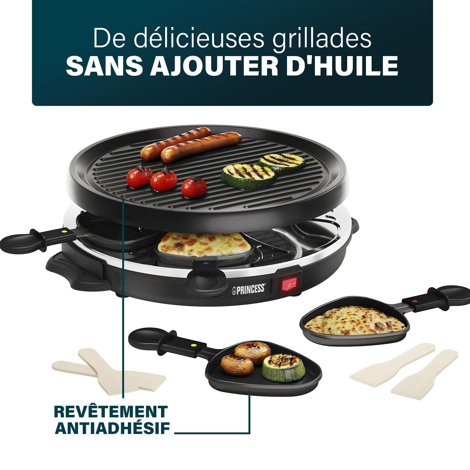 Princess Raclette pour 6 personnes avec plaque de grill ronde amovible – Surface antiadhésive, cuisson saine sans matière grasse, idéale pour viande, poisson et légumes