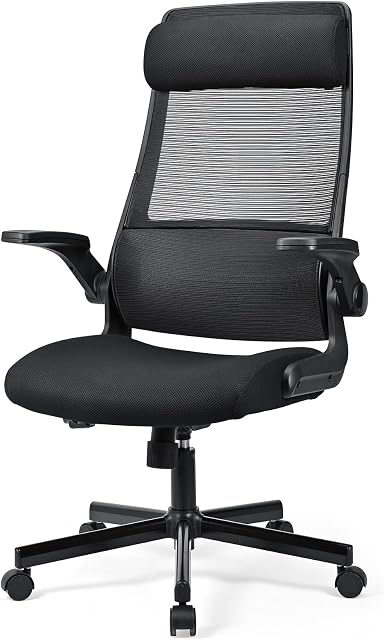 MELOKEA Ergonomic Office Chairs for home, Desk Chairs with Flip-up Armrest, Office chair with Back Support, Height and Headrest Adjustable Computer Chair, 360° Swivel Chairs, Black