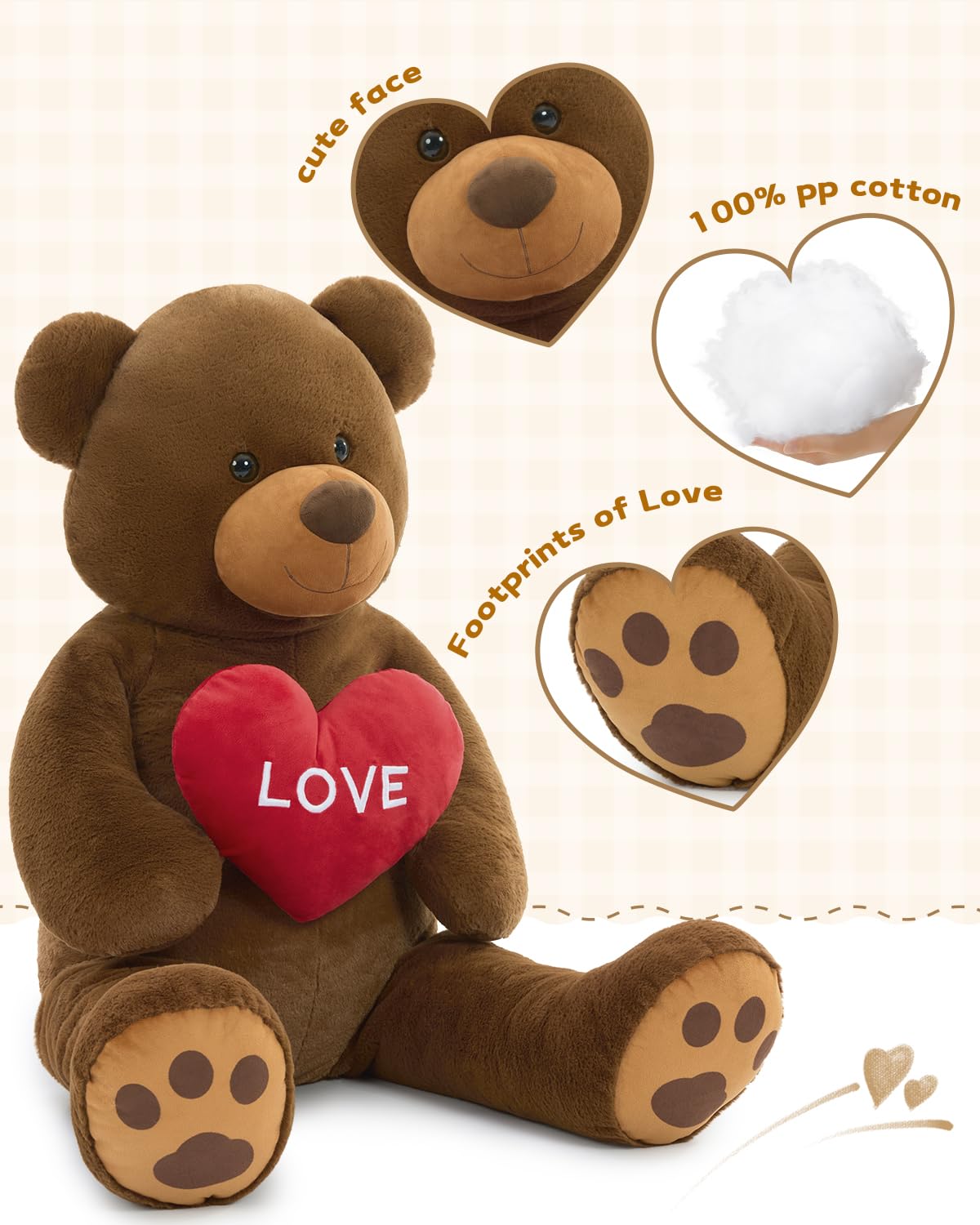 MorisMos Oso de peluche gigante con amor, 130 cm, XXL, marrón, osito de peluche grande, suave, osito de peluche, regalo para niño, novia, cumpleaños, San Valentín