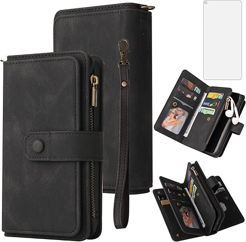 Asuwish Funda de teléfono para Moto G Power 2021 con protector de pantalla de vidrio templado y correa para la muñeca de cuero con tapa para tarjeta