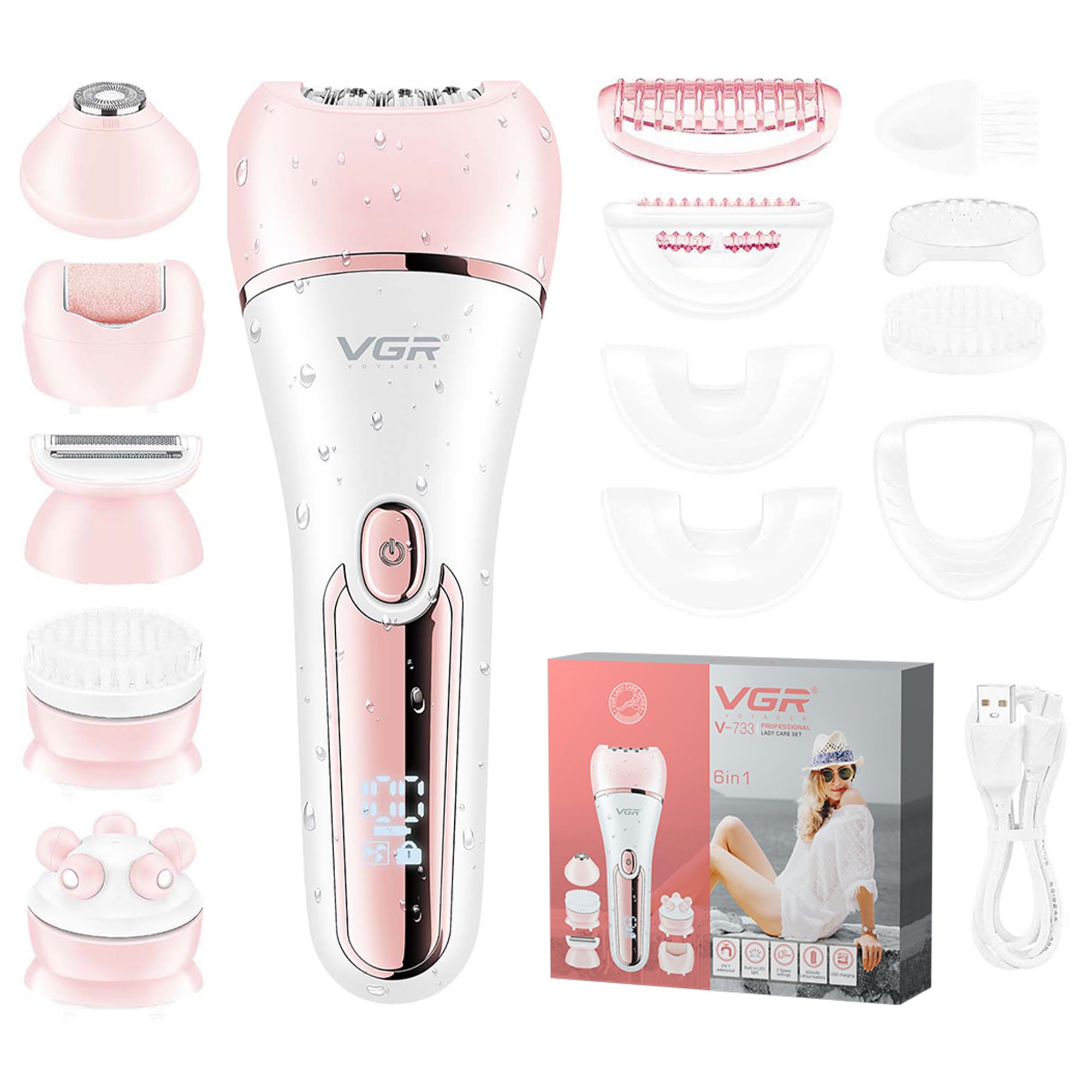 VGR 733 Épilateur pour femme, 6 en 1, sans fil et rechargeable, épilateur pour le visage, les jambes, les aisselles, rose
