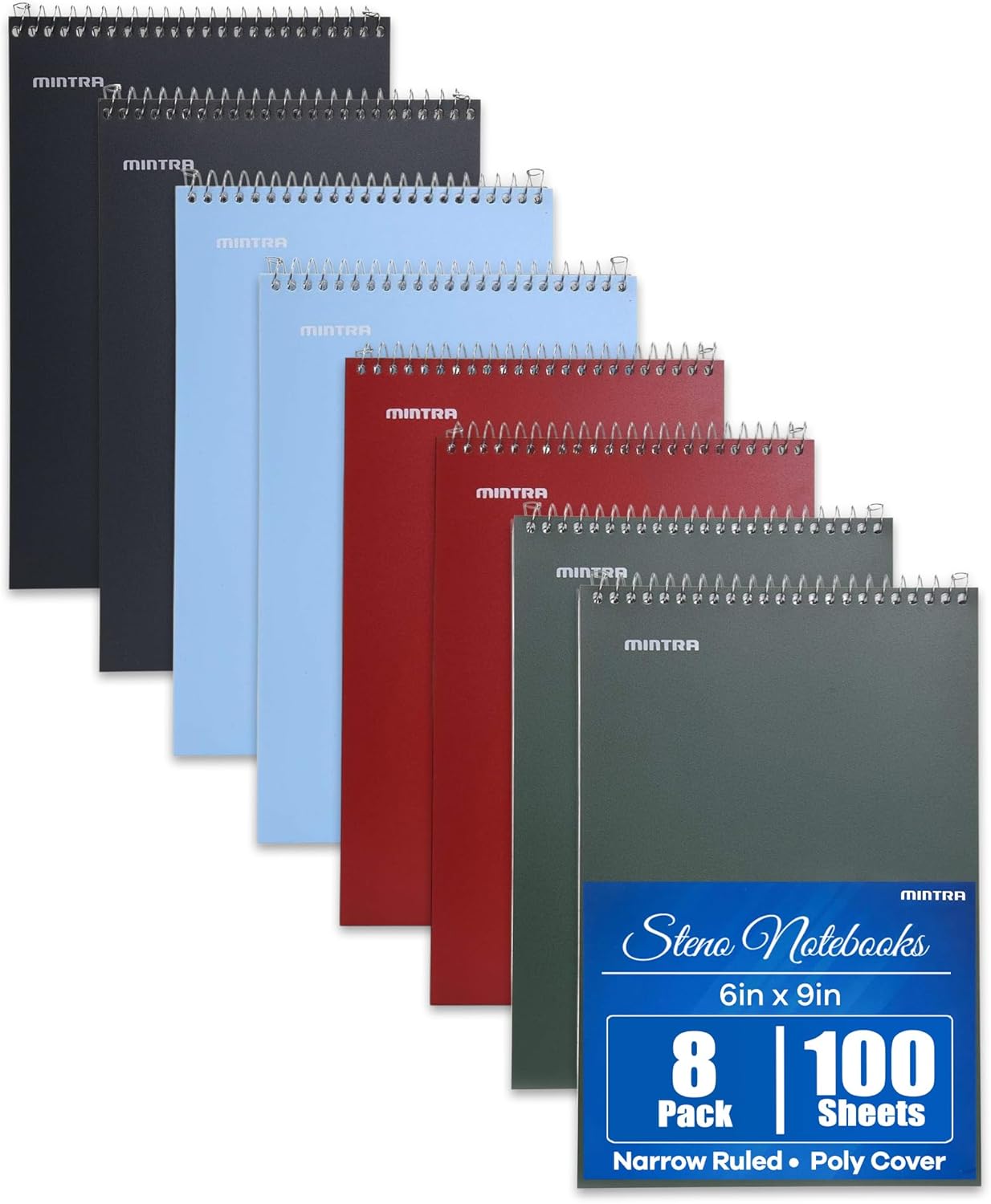 Mintra Office Steno Books Set - Top-Spiral Bound, Narrow Ruled, 100 White Tint Sheets, Poly Covered Notebooks for Office & School, Colorful Arctic Ice, Green Olive, Charcoal, Chili Oil, 6"x9", 8 Pack