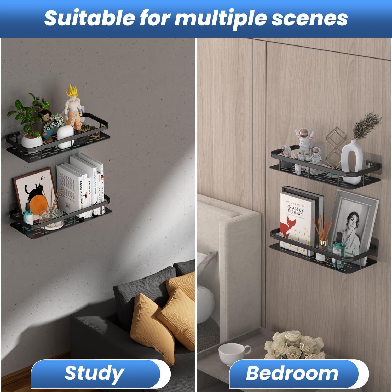 Misamo Enterprise Bathroom Shelf Organiser Without Drill, Black, Pack of 2 3