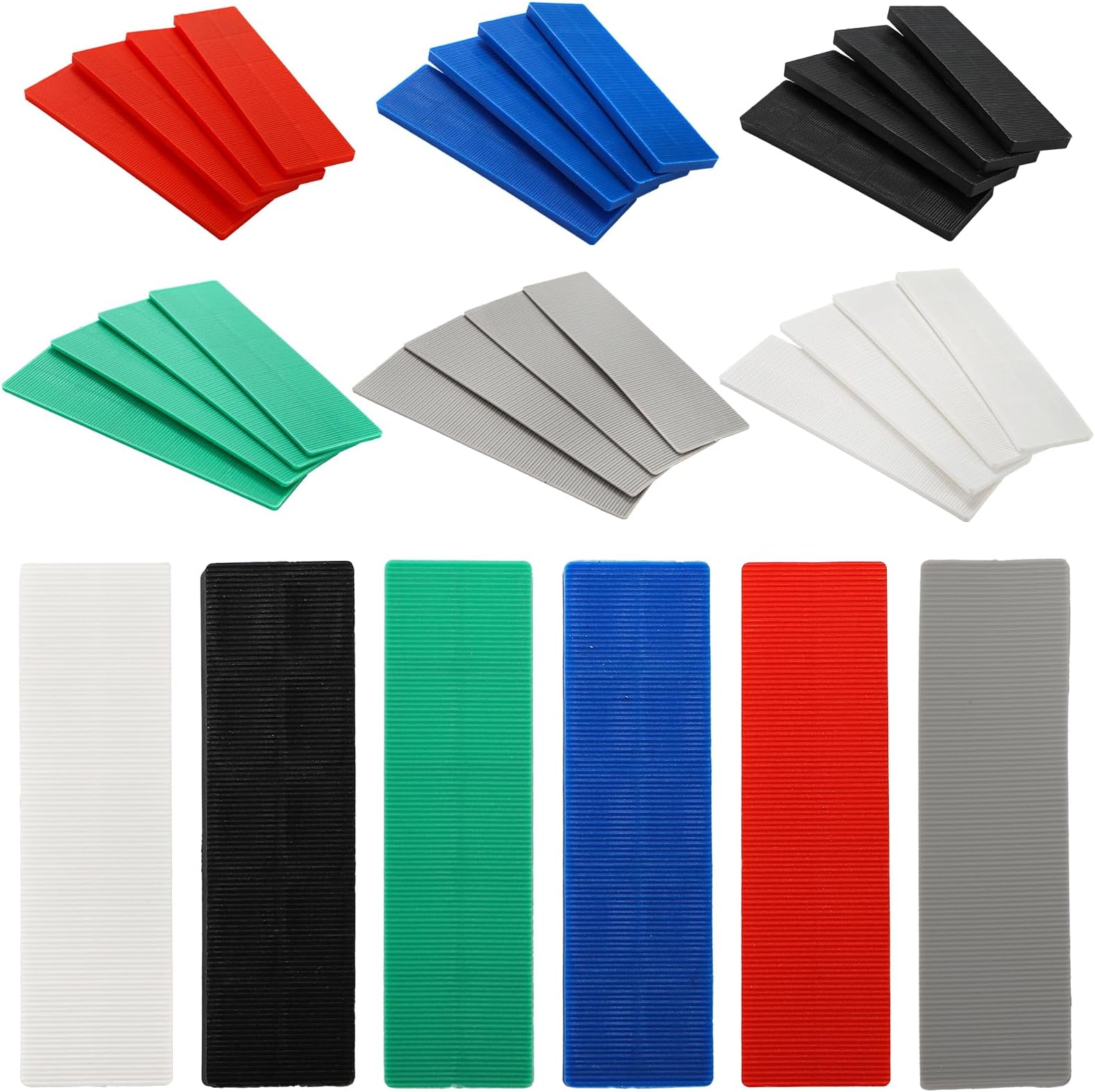 Okllen 300 Pcs Plastic Flat Shims for Leveling, 6 Size Structural Tile Composite Shims for Home Improvement, 3/64, 5/64, 1/8, 5/32, 13/64, 15/64 Inch, Grey, Green, White, Red, Blue, Black