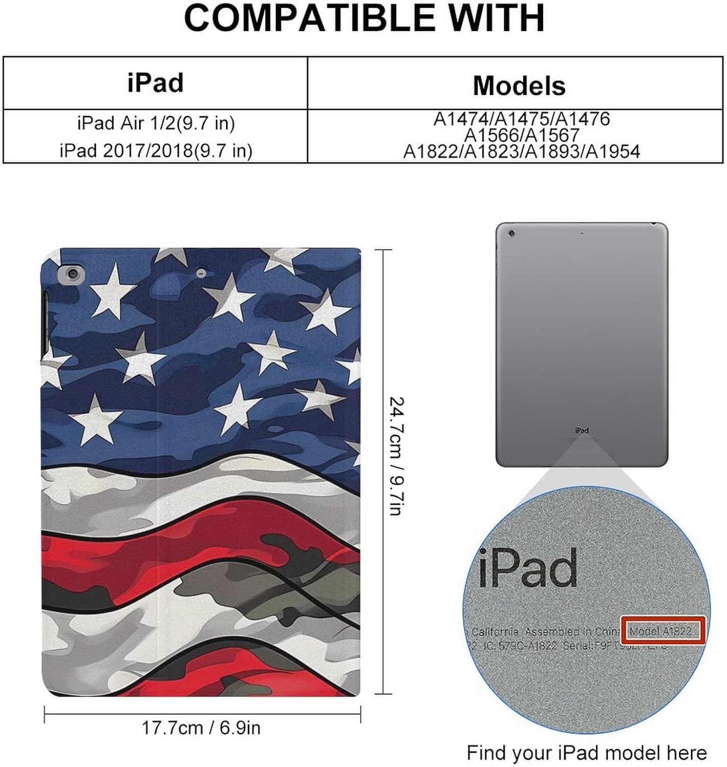 Camouflage American Flag Printed Case Trifold Stand Protective Cover Compatible with ipad 2017/2018/Air1/Air2 (9.7in)