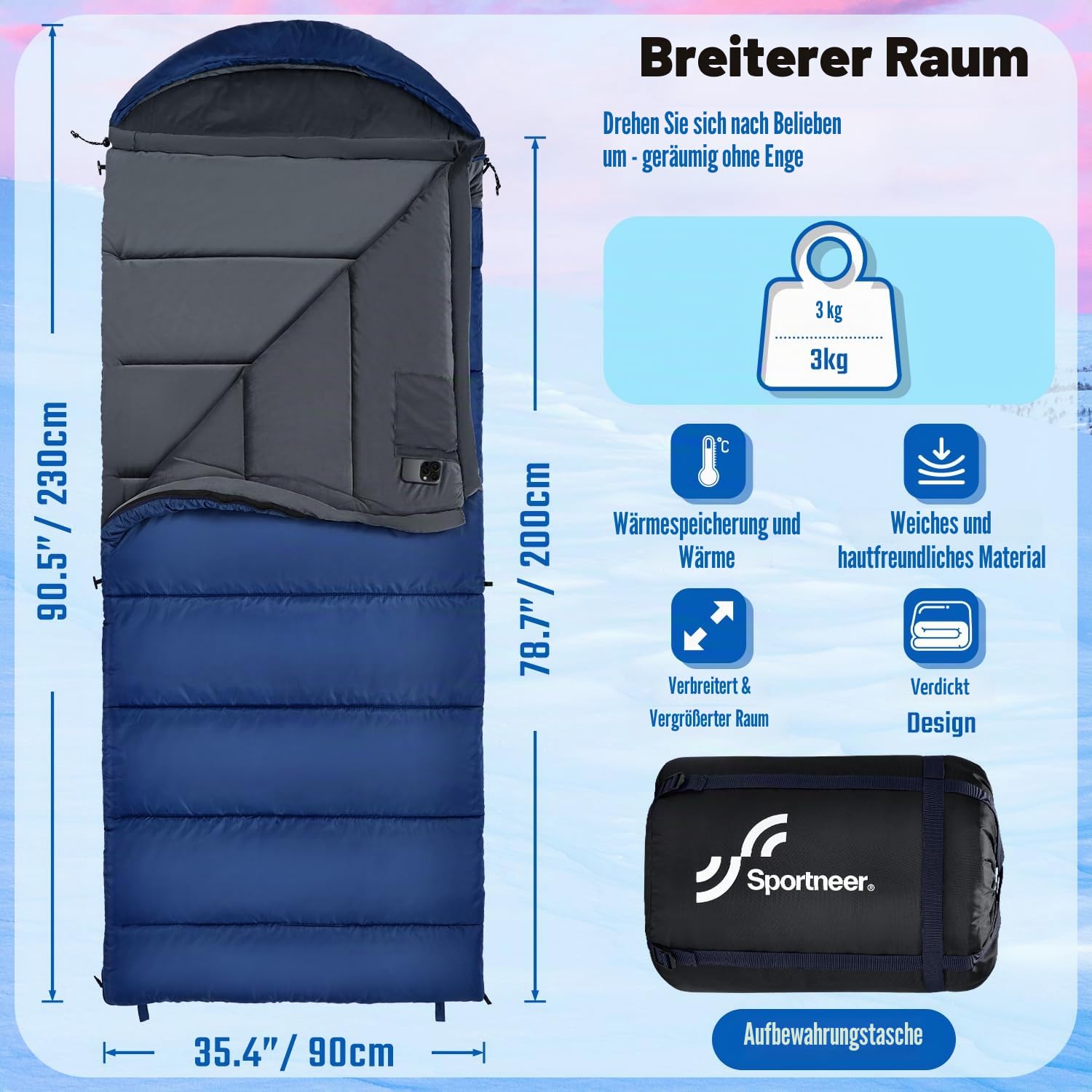 Schlafsack 0 Grad XXL 230 x 90CM Winterschlafsack mit Abnehmbarer Kapuze und weichem Kristallsamt-Futter für Erwachsene