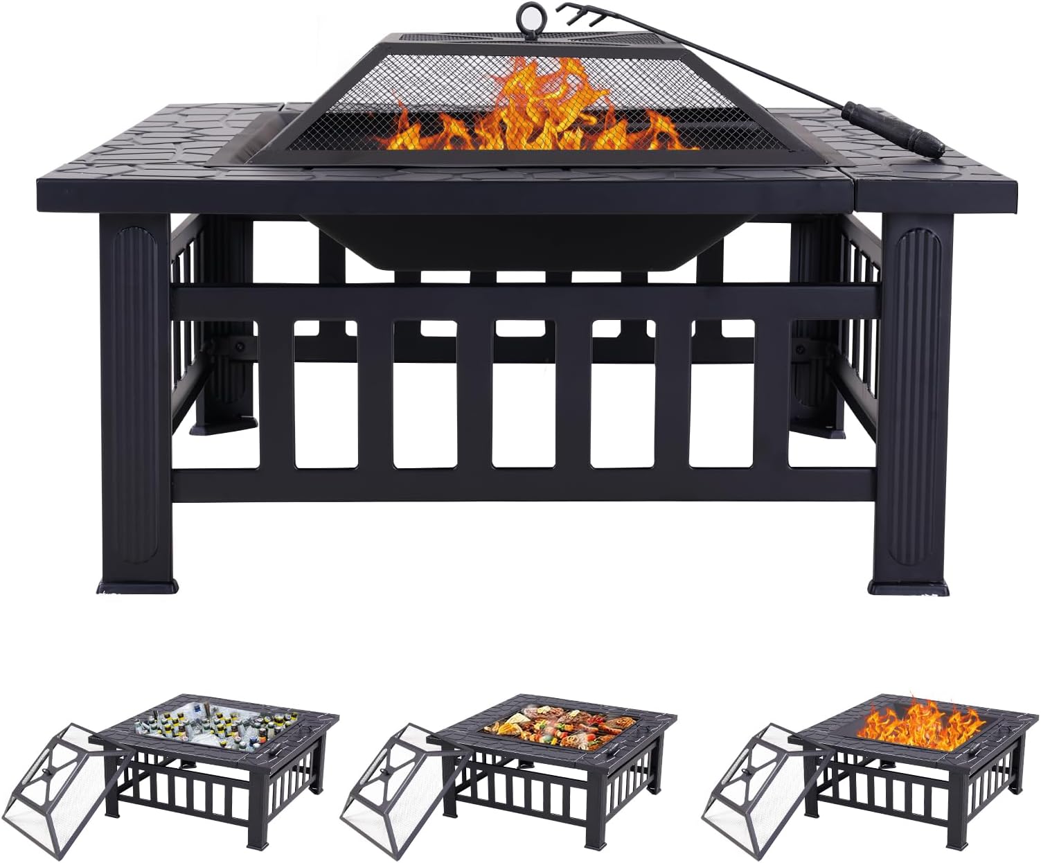 32" Square Outdoor Fire Pit Table Multiuse Patio BBQ Firepit with Steel Fire Poker and Cover for Camping, Outdoor Heating, Outside Wood Burning and Picnic, Black