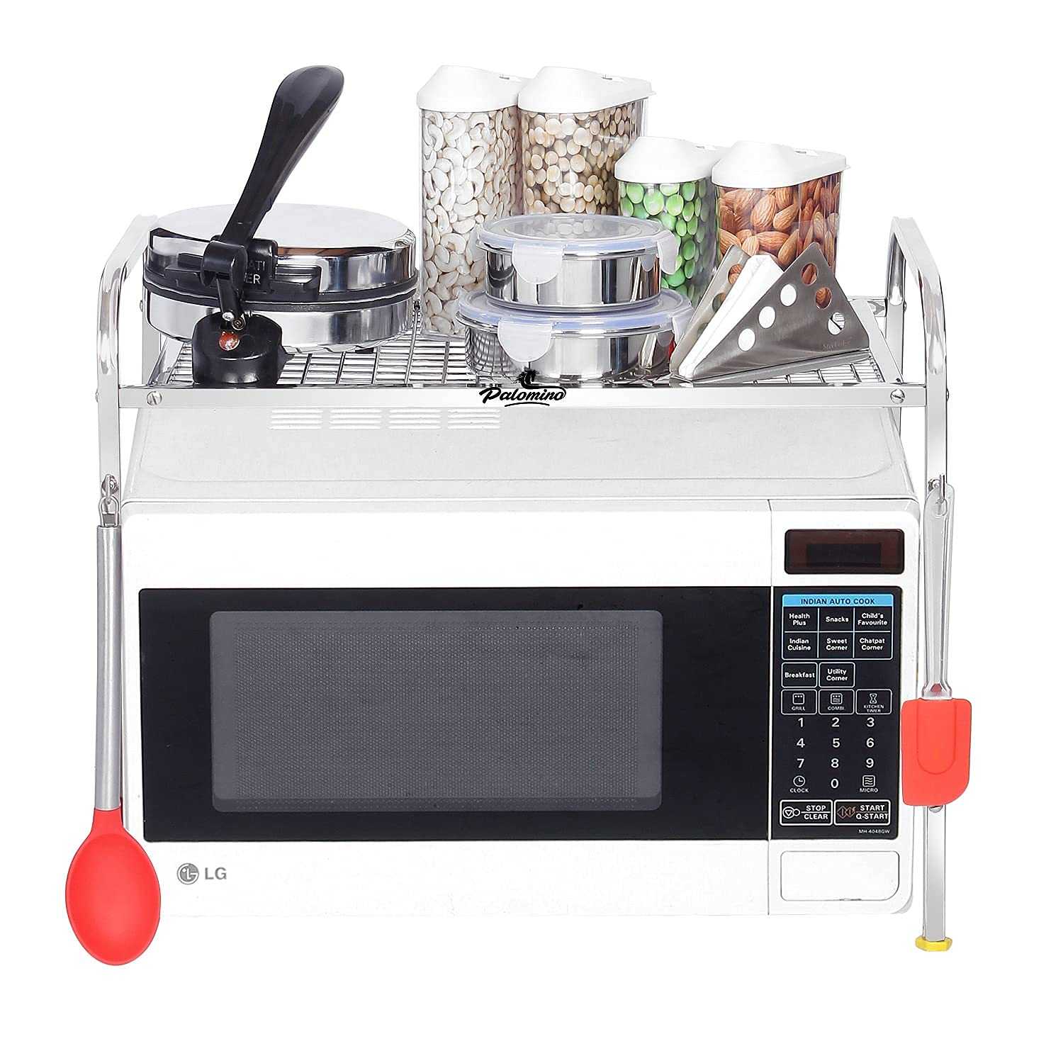 Palomino Kitchen Microwave Shelf, Microwave Stand Kitchen Counter Shelf Organizer, Spicy Shelf Rack Toaster Organizer, Microwave Oven Rack, 1 Tiers with 2 Hooks (58 x 38 x 8 cm) 1