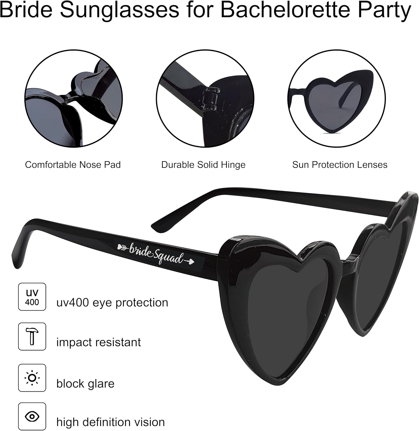 PartyGifts&beyond Bachelorette Sunglasses Heart Sunglasses 10 Packs Bride Squad Sunglasses for Bachelorette Party Favors