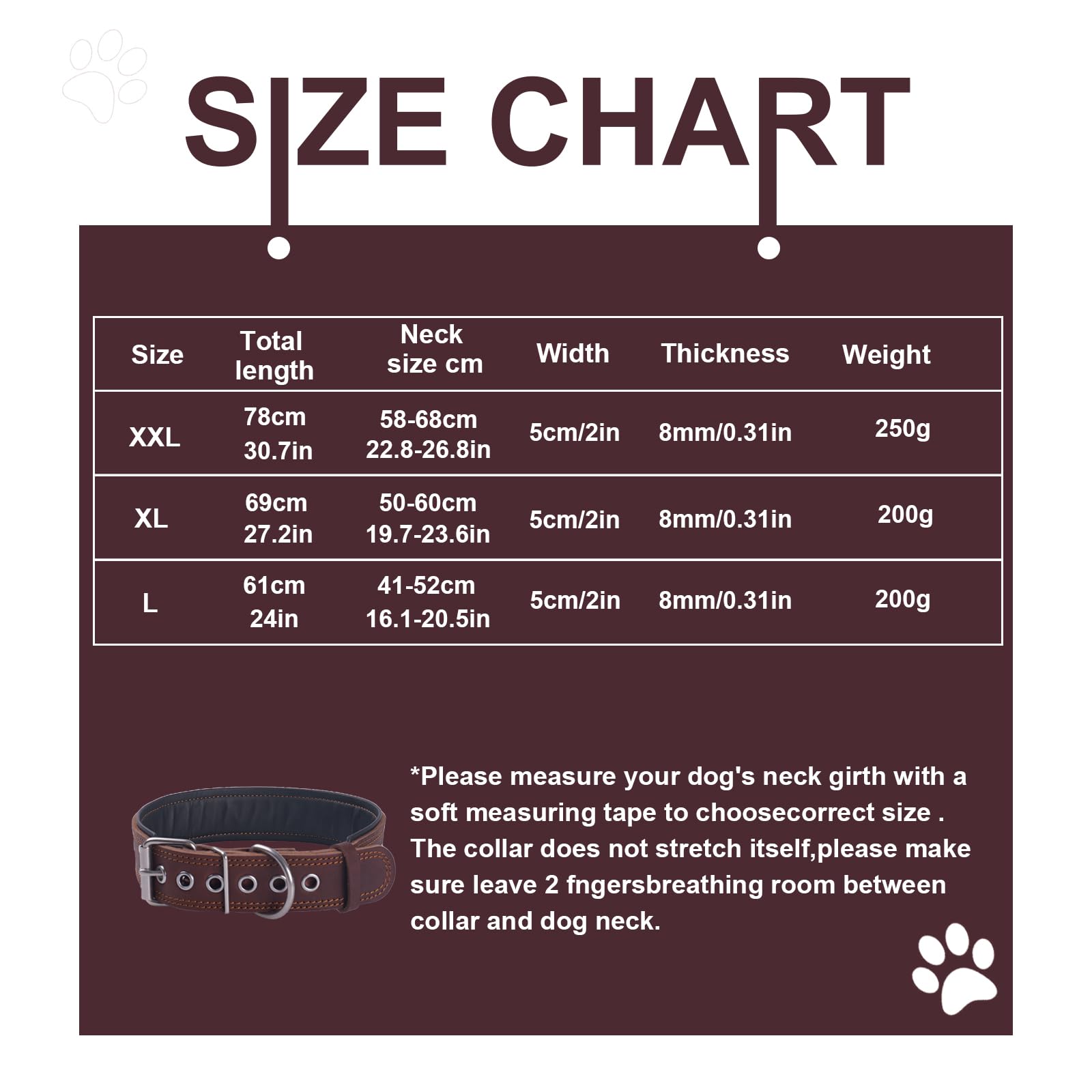 Collier pour Chien Clouté en Cuir, Rembourré Extra épais et Large de 5 cm, en Cuir Véritable Souple et Résistant, Très Robuste pour Les Chiens de Taille Moyenne, Grande et Très Grande (Marron, XXL)