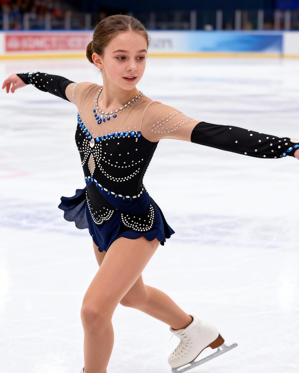 ROYAL SMEELA Figure Skating Rhinestone Dress for Girl Beaded Ice Costume for Girls Long Sleeves Mesh Competition Outfit