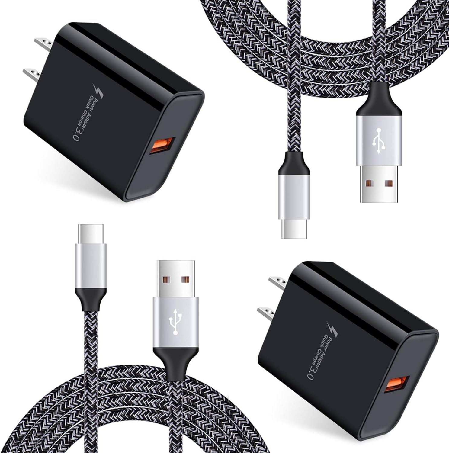Quick Charge 3.0 Wall Charger Adaptive AC Adapter Fast Charging Plug Blocks with 2Pack 6ft USB Type C Cable for Samsung Galaxy S21 S20 FE Note 21 20 Ultra A21 A11 A51 A71 A10E A20 A12 A52 S10 S10e S9