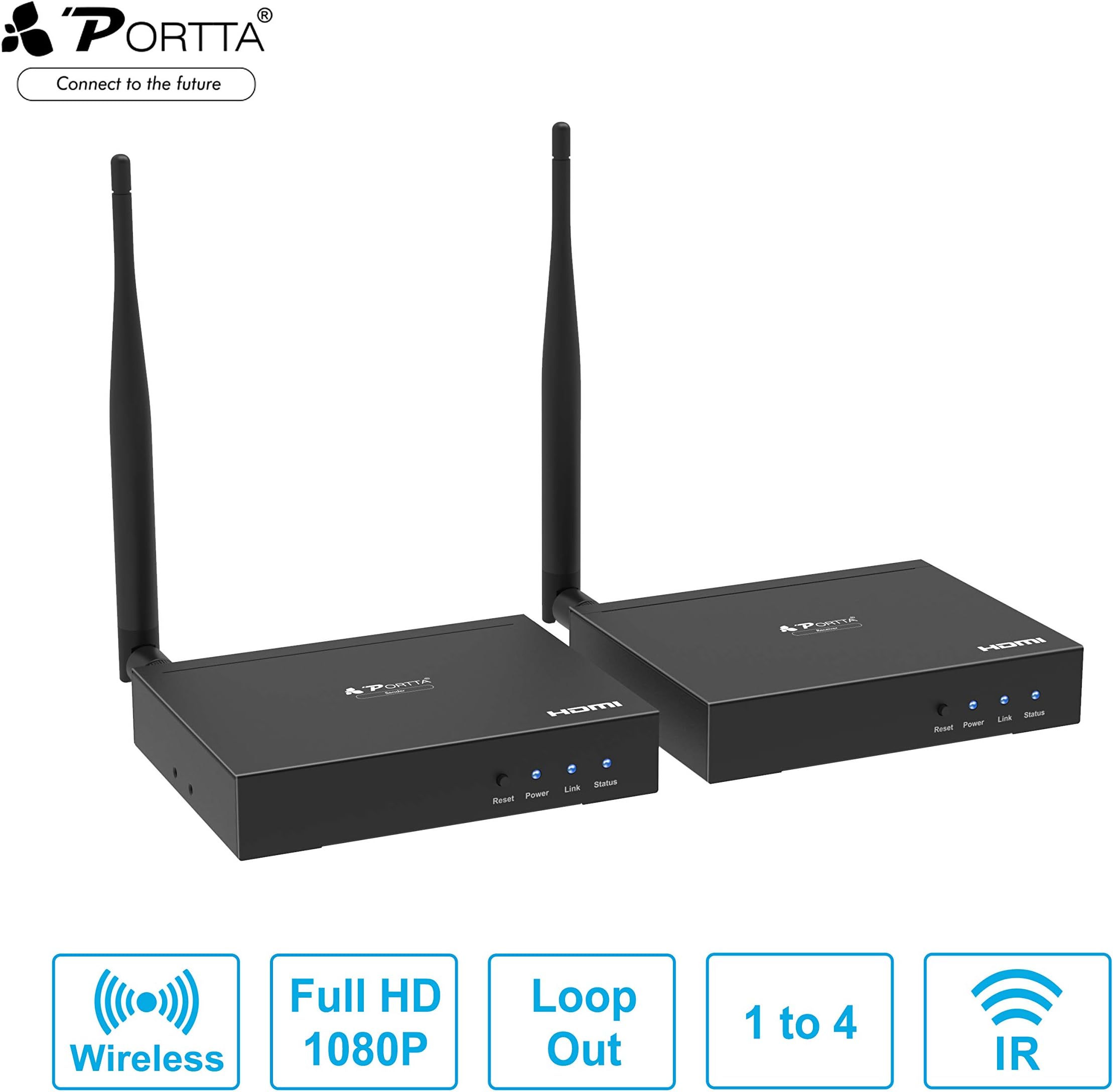 Portta Wireless HDMI Extender Extension Adapter 100m (328ft) Support HD W/IR LOOP OUT 1080P HDCP1.3 Point-to-Point/Multicast transmission (up to 4 Receivers) Wireless HDMI Sender and Receiver