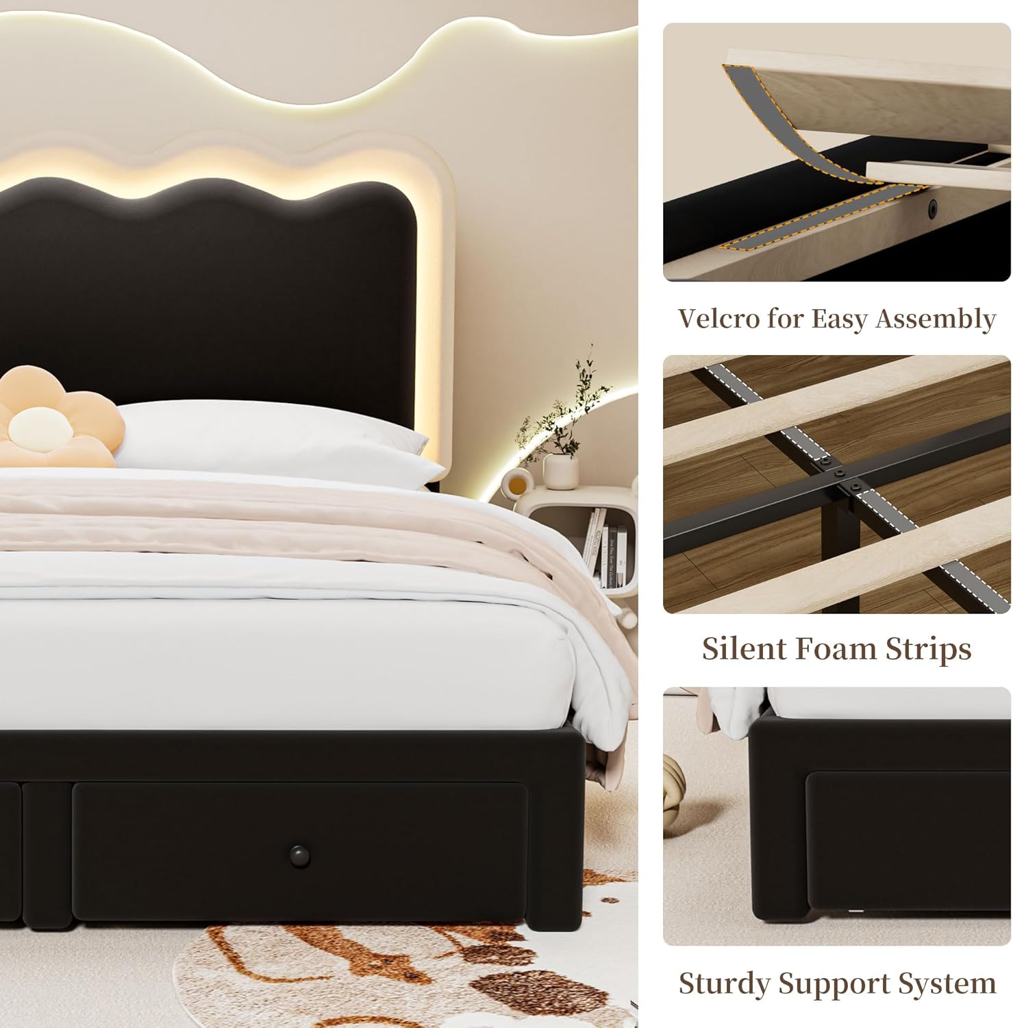 Upholstered Bed Frame Queen Size with LED Lights and 2 Storage Drawers, Velvet Cama Full Princess Platform Bed with Double Wavy Wingback Headboard, Wooden Slats Support, No Box Spring Needed, Black
