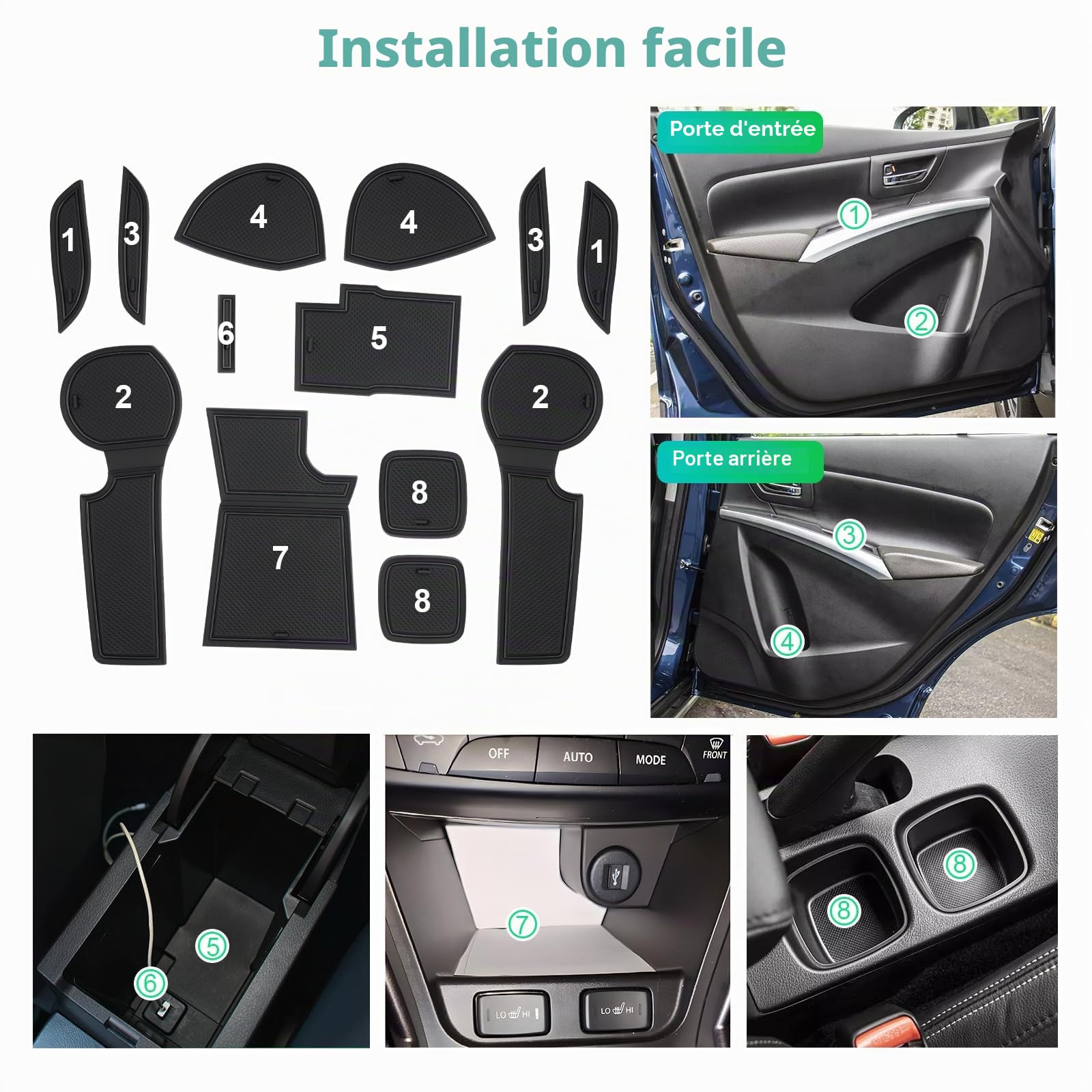 GAFAT Suzuki SX4 S-Cross Hybird III 2022-2024 2025 2026 Tapis Antidérapants, Tapis en Caoutchouc Console Centrale, Porte-Gobelet, Couture Porte, Suzuki S-Cross Accessoires (Noir)