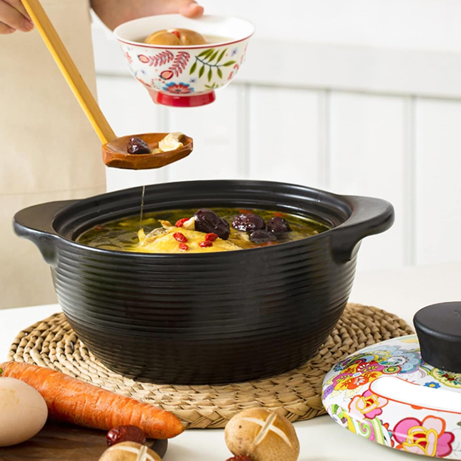 Kamienny garnek, z pokrywką Japoński gliniany garnek Gorący Ceramiczny żaroodporny do gulaszu, zupy i pary(2.7qt)