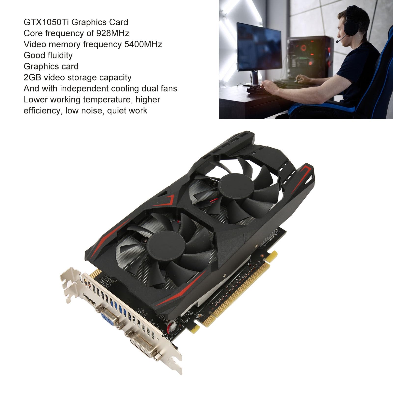 Karta Graficzna 1050Ti, Karta Graficzna do Gier 2G GDDR5 128bit 928 MHz PCI E 2.0, Karta Graficzna HDR z Wentylatorami Chłodzącymi, Obsługa DirectX11, DVI VGA, do Biura i