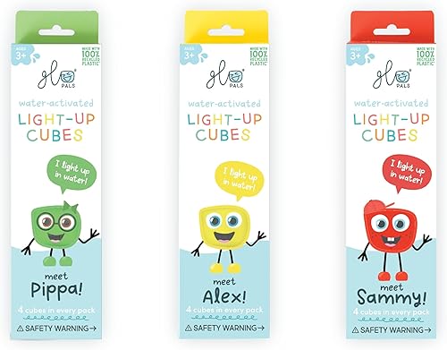 Glo Pals Paquete de cubos iluminados activados por agua para juegos sensoriales (listos, listos, brillantes, rojo, amarillo + verde)