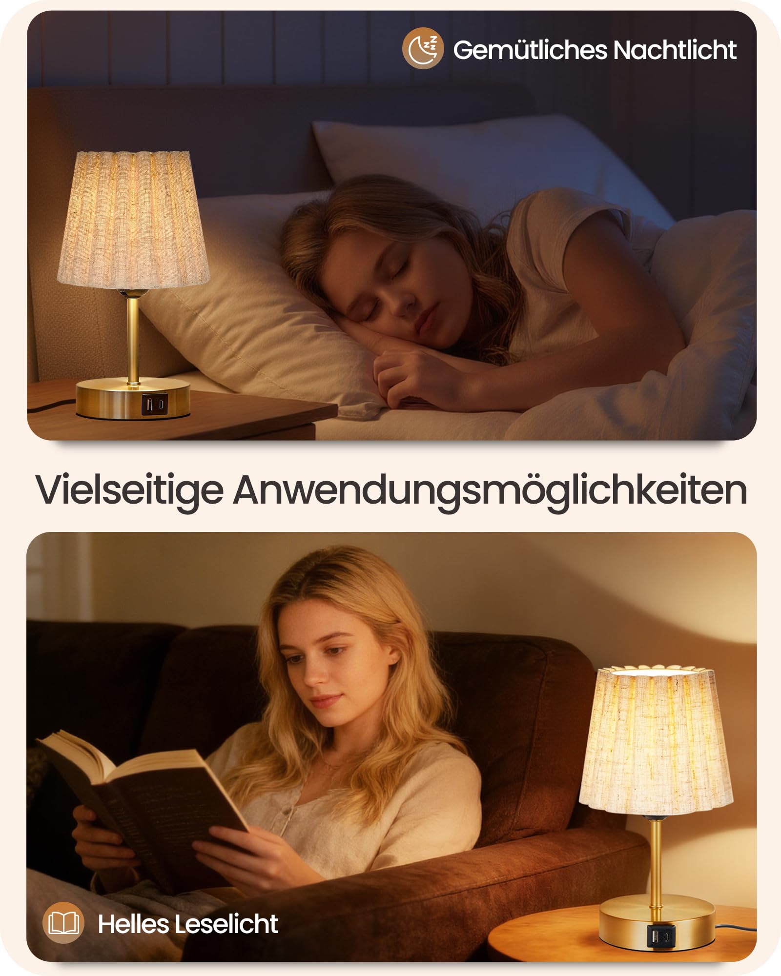 Lampada da comodino tattile dimmerabile, confezione da 2, con USB e lampadina LED dimmerabile, paralume ondulato, attacco E27, per comodino, ufficio, camera da letto, oro e beige
