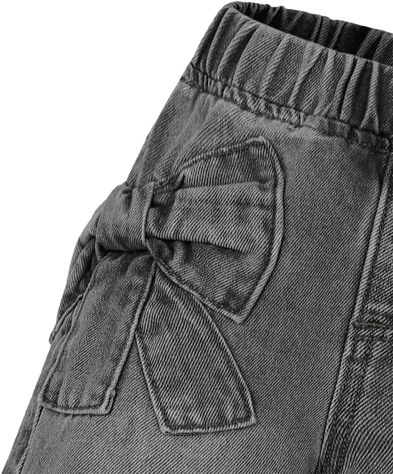 Nivne Tco Toddler Girls Baggy Jeans Casual Cute Bow Decor Versatile Loose Fit Wide Leg Black Elastic Waist Denim Pants - Image 4