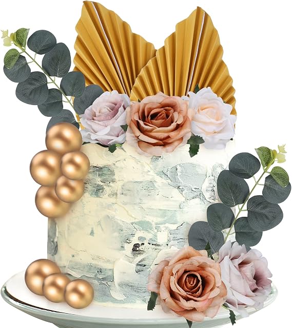 Pinenuts 22 Pcs Cake Toppers Decorations, Gold Balloon Cake Toppers, Paper Palm Fan Cake Toppers Artificial Rose Flowers Leaves Cake Decorations for DIY Birthday Party Wedding Valentine's Day