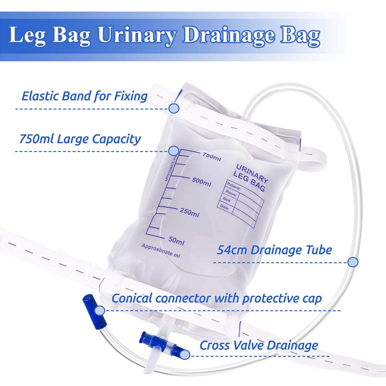 10pcs 750ml Urinbeutel Beinbeutel, Katheter Beinbeutel mit Anti-Reflux-Film, Urindrainagebeutel mit Ventil, Ablass und Gummibänder, Urinbeutel bei Inkontinenz - Steril Verpackt