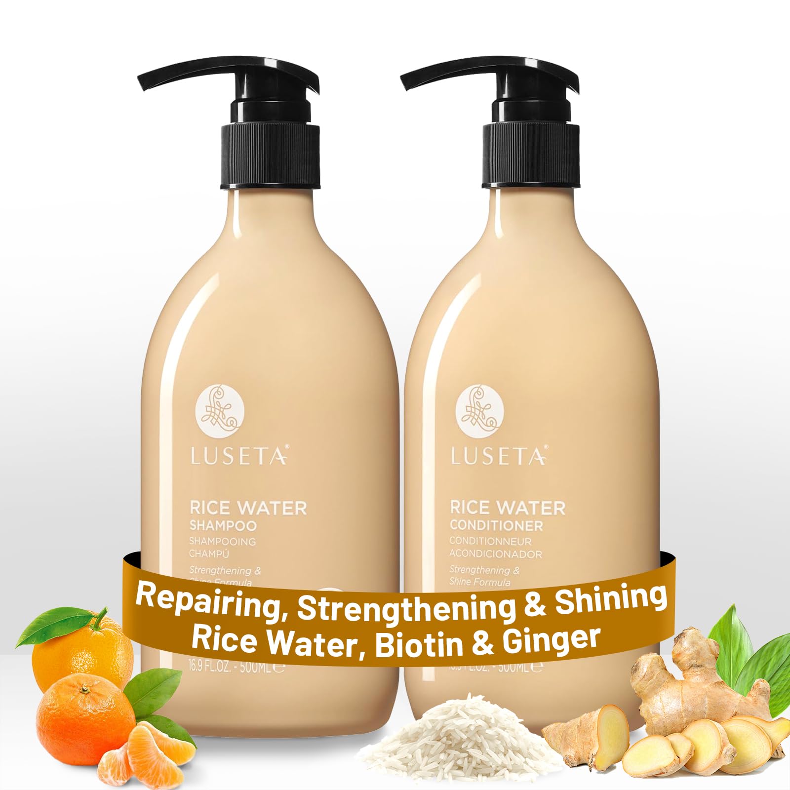 Luseta Rice Water Shampoo and conditioner Set Strengthening & Nourishing Revitalizes Shine for All Hair Types Hydrating & Frizz Control for Women and Men 16.9oz*2