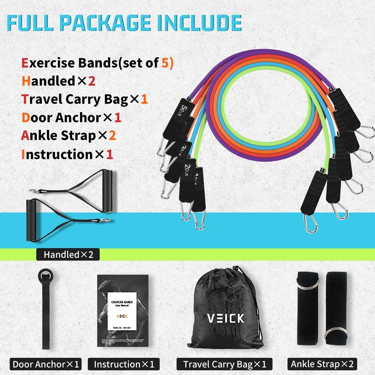 VEICK - Bandes de résistance d’entraînement, avec poignées, pour homme et femme, bandes d'exercice élastiques pour fitness, exercices à la maison, salle de sport