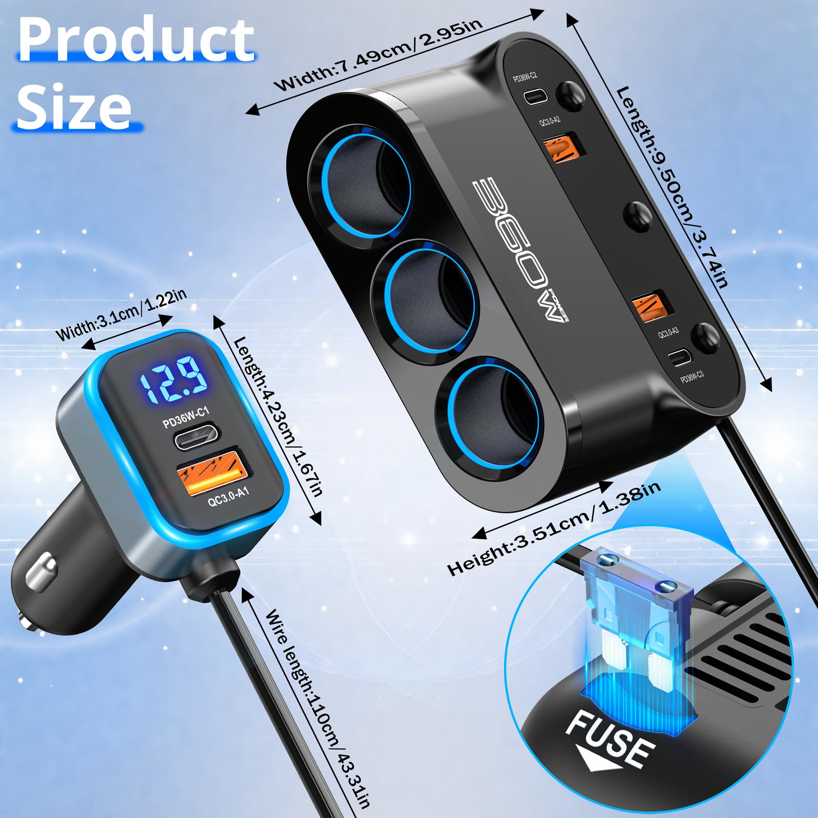 Qidoe 360W Prise Allume-Cigare Voiture 9 en 1, 3 x USB C PD 36W + Prises Multiples, 12V/24V Adaptateur Allume-cigares avec Interrupteur Voltmètre à LED Charge Rapide Phone/GPS/Dash Cam